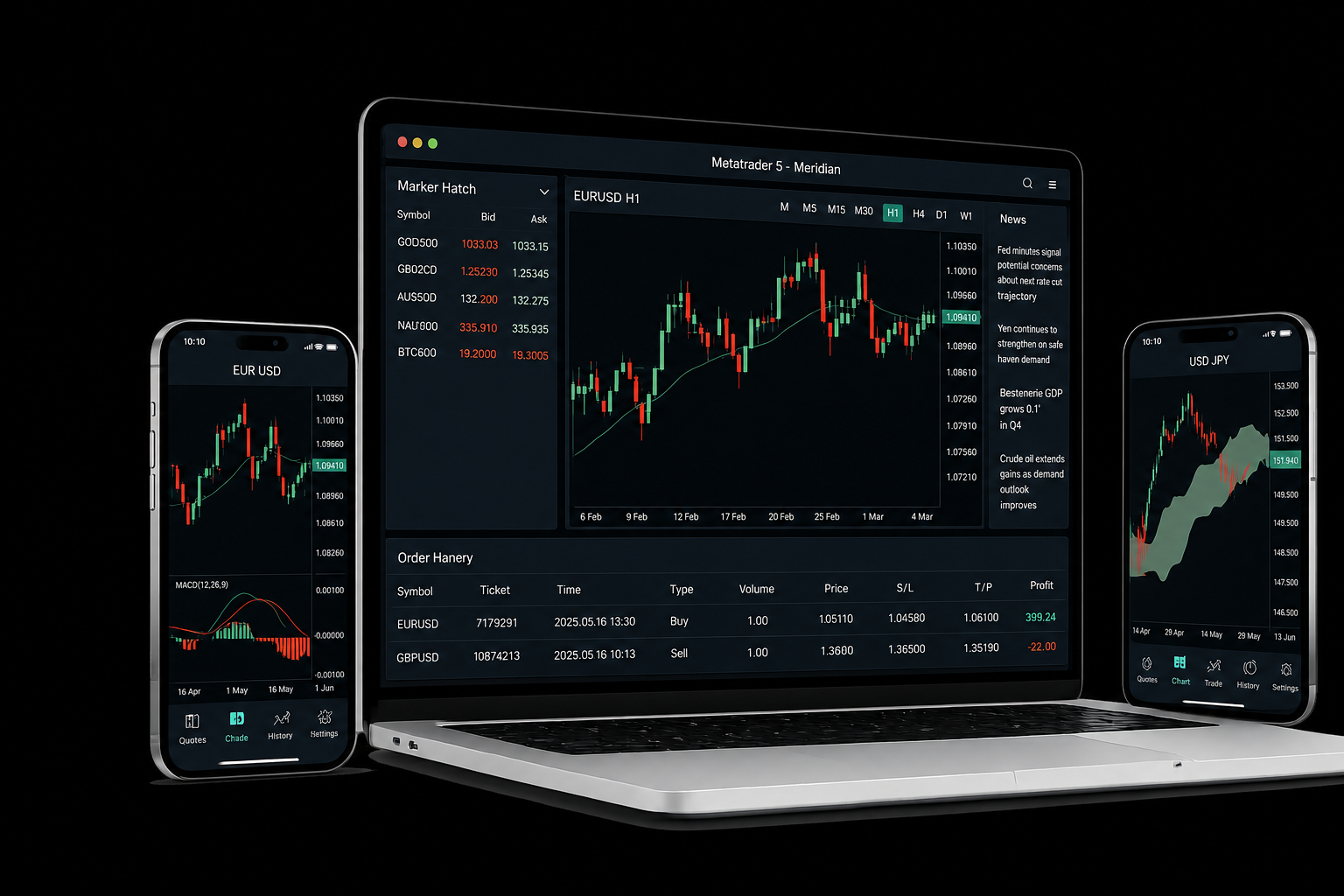 MetaTrader 5 on laptop, iPad and iPhone with Meridian